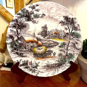 Vintage Yorkshire Staffordshire England Hand Engraved Ironstone Plate Hay Wagon